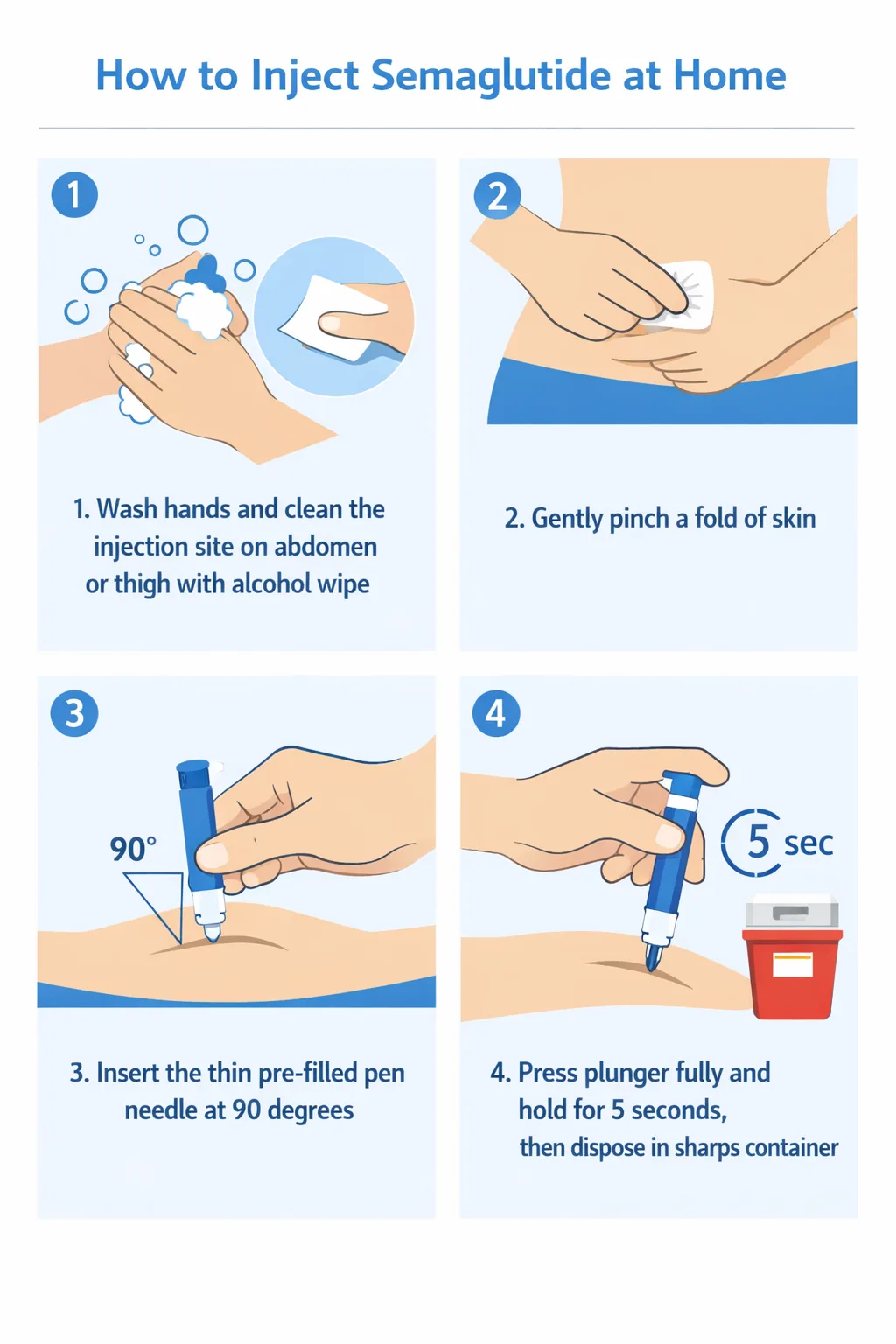 Step-by-step infographic: how to inject semaglutide at home — wash hands, pinch skin, insert needle at 90 degrees, press plunger 5 seconds