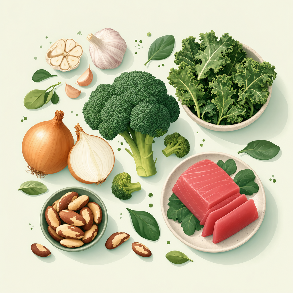 Garlic, onions, broccoli, kale, Brazil nuts and tuna