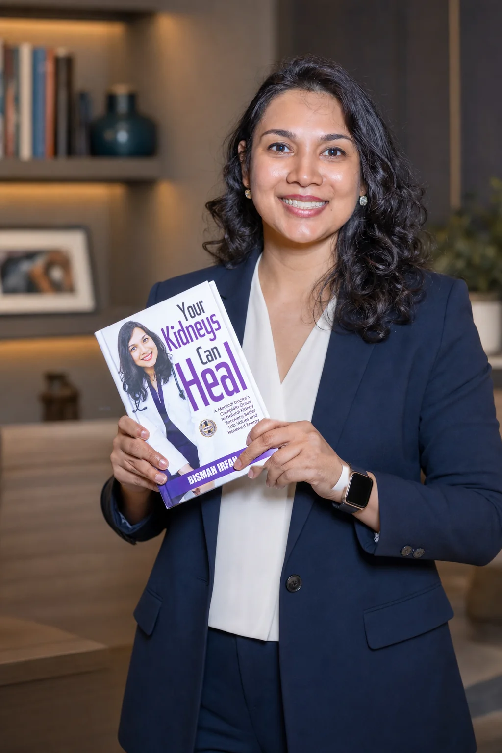 Dr. Bismah Irfan holding her book Your Kidneys Can Heal