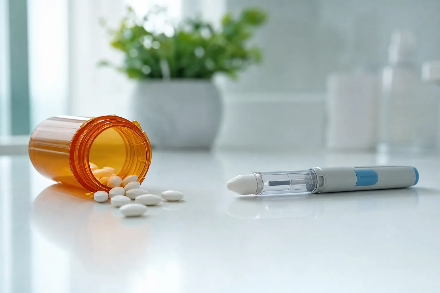 Prescription bottle with GLP-1 tablets next to a weekly injection pen on a clinic counter