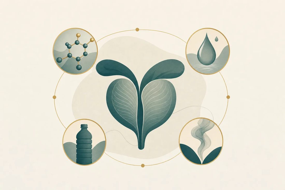 Abstract illustration of the prostate surrounded by hormone, water, plastic and smoke exposure symbols