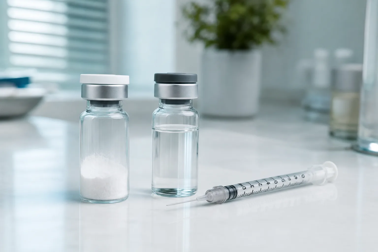 Retatrutide peptide vial with bacteriostatic water vial and U-100 insulin syringe on a clinic counter
