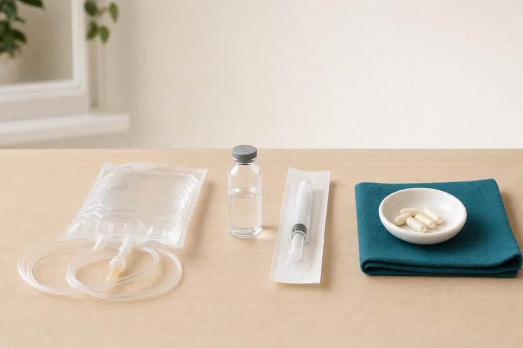 IV bag, a medication vial with a sealed syringe, and capsules side by side on a clinic counter