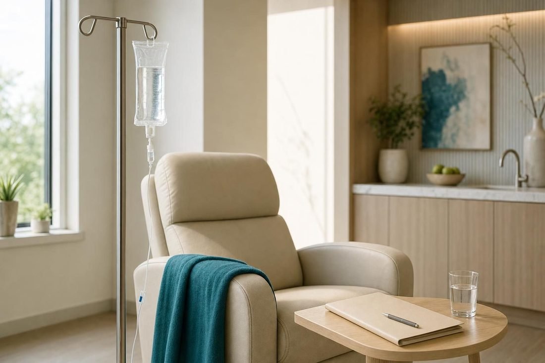 NAD+ IV drip bag beside an empty armchair in a calm, sunlit clinic infusion room